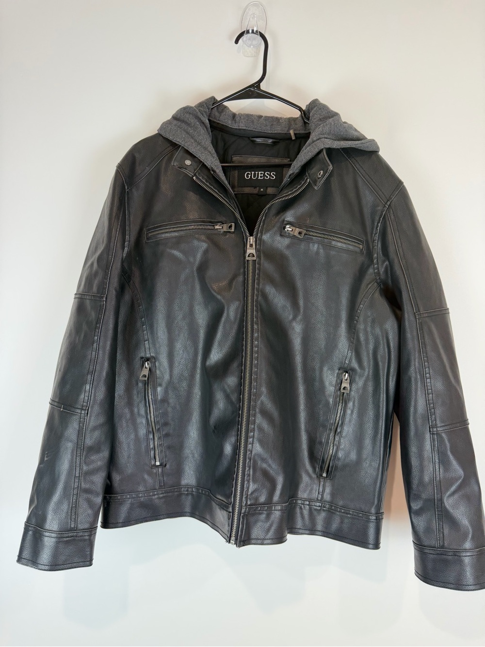 GUESS Men’s Black XL Moto Jacket with Removable Gray Hood-Zip Pockets